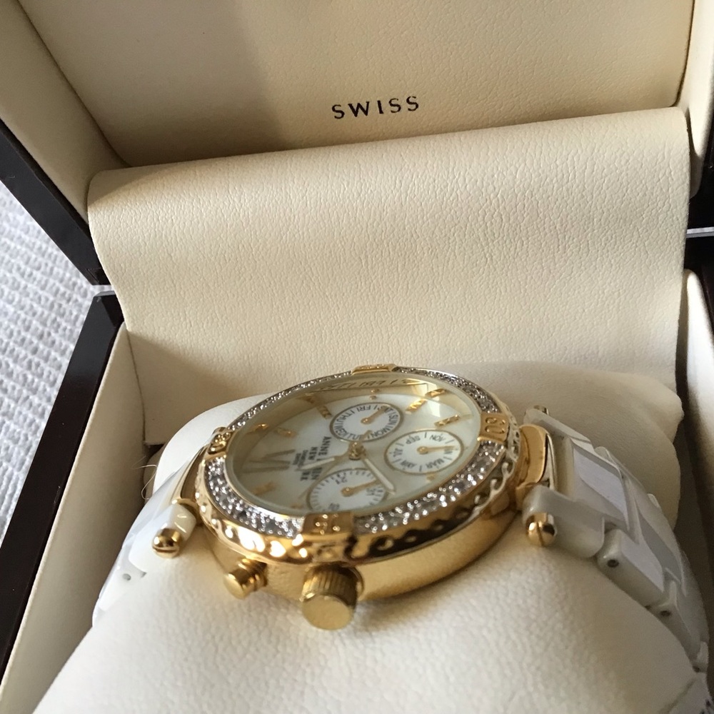 Anne Klein Swiss genuine diamond gold tone white ceramic mother of pearl watch - Picture 4 of 12